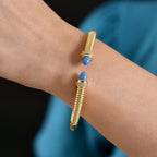 EverTrue Blue Turquoise & White Cubic Zirconia Cuff Bangle (Size-7.5) in Yellow Gold Tone 3.61 Ct.