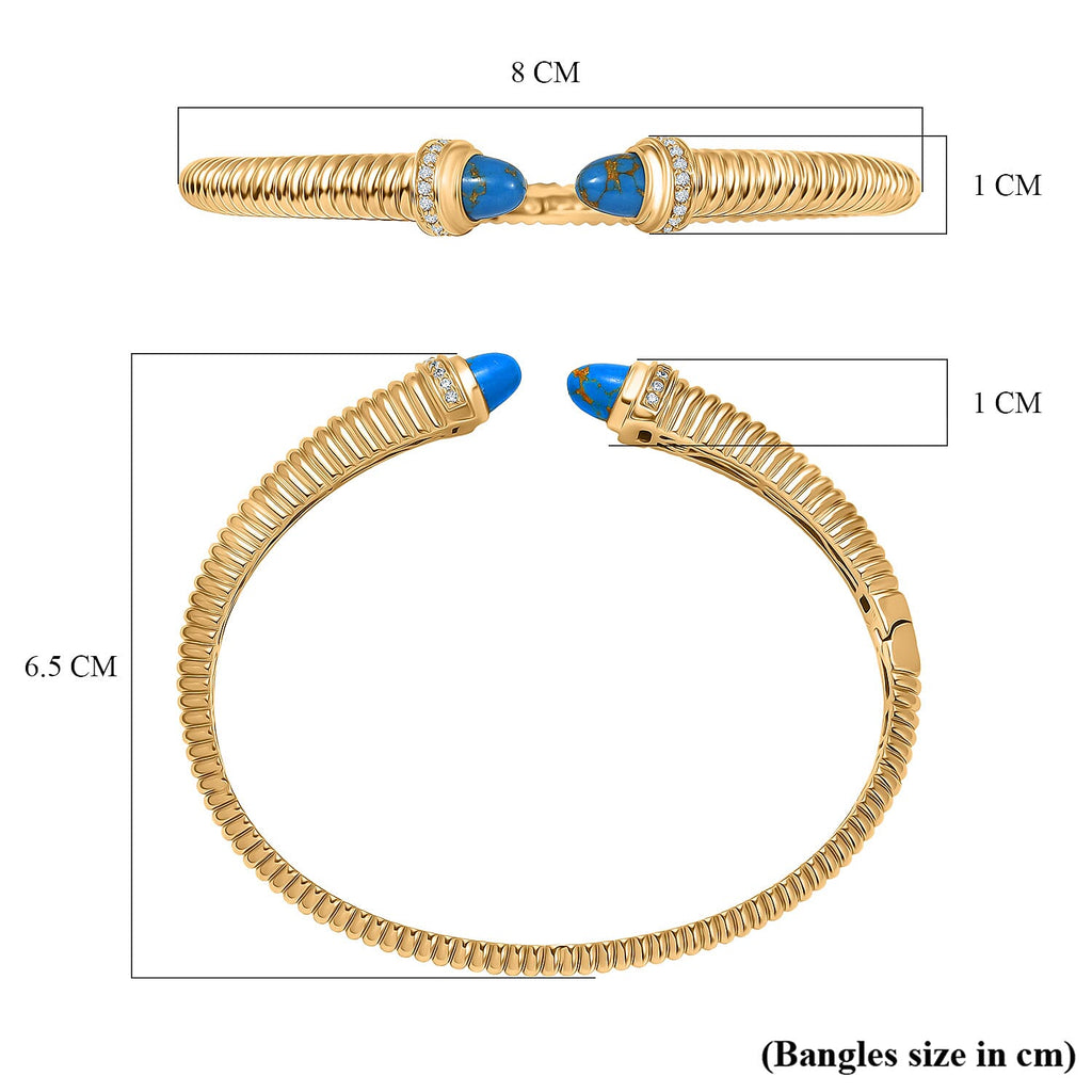 EverTrue Blue Turquoise & White Cubic Zirconia Cuff Bangle (Size-7.5) in Yellow Gold Tone 3.61 Ct.