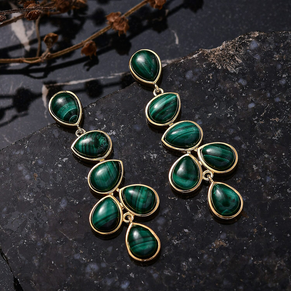 Designer Inspired - Malachite Drop Earrings with Push Back in Yellow Gold Plated 27.13 Ct. 8239054 1