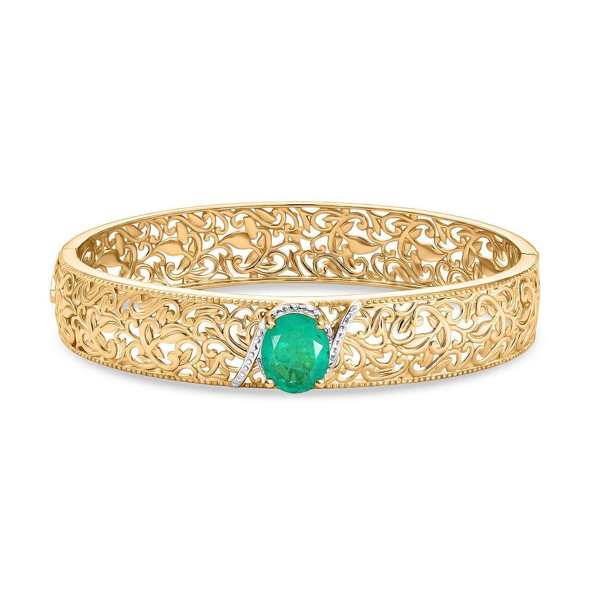 Close Out Deal- EverTrue Emeraldine Triplet Quartz Filigree Bangle (Size - 7.5) in Yellow Gold Tone 5.00 Ct. 8305409 0