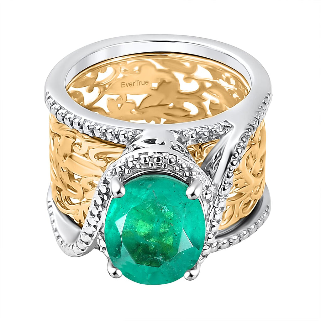 EverTrue Set of 2 Emeraldine Triplet Quartz Solitaire Rings in Platinum Overlay & Yellow Two Tone 4.11 Ct.
