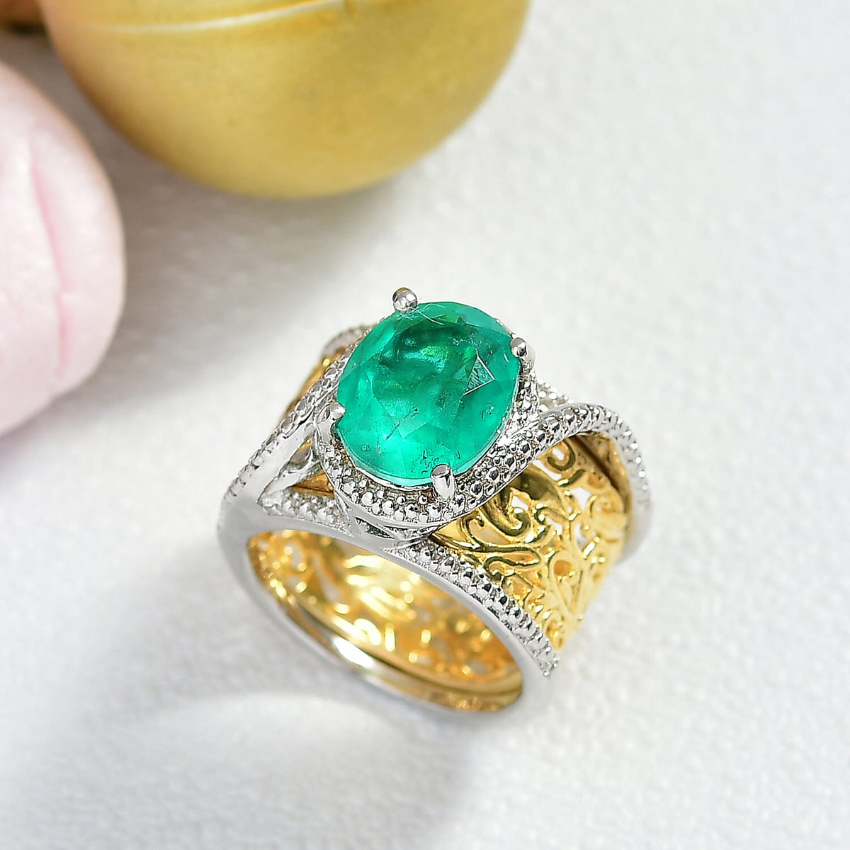 EverTrue Set of 2 Emeraldine Triplet Quartz Solitaire Rings in Platinum Overlay &amp; Yellow Two Tone 4.11 Ct. 8314387 2
