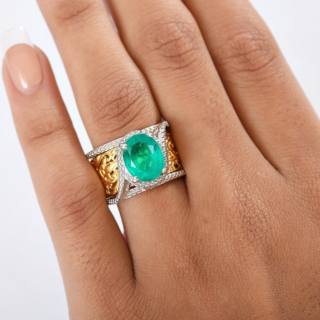 EverTrue Set of 2 Emeraldine Triplet Quartz Solitaire Rings in Platinum Overlay & Yellow Two Tone 4.11 Ct.