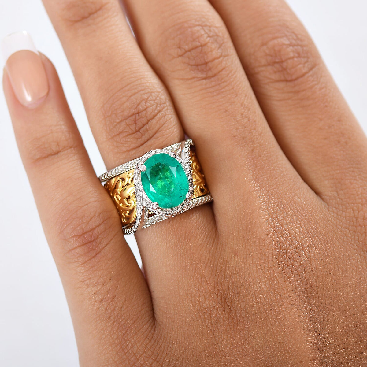 EverTrue Set of 2 Emeraldine Triplet Quartz Solitaire Rings in Platinum Overlay &amp; Yellow Two Tone 4.11 Ct. 8314387 3