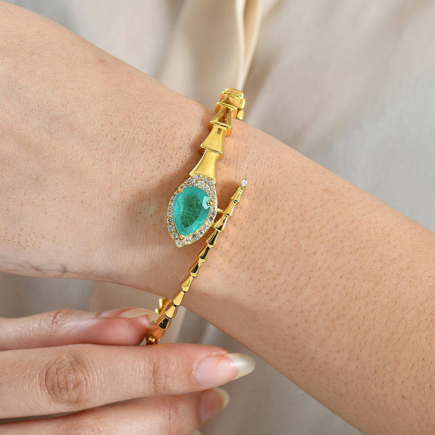 EverTrue Emeraldine Triplet Quartz &amp; White Zircon Full Bangle (Size - 7.5) in Yellow Gold Plated 6.82 Ct. 8358212 3