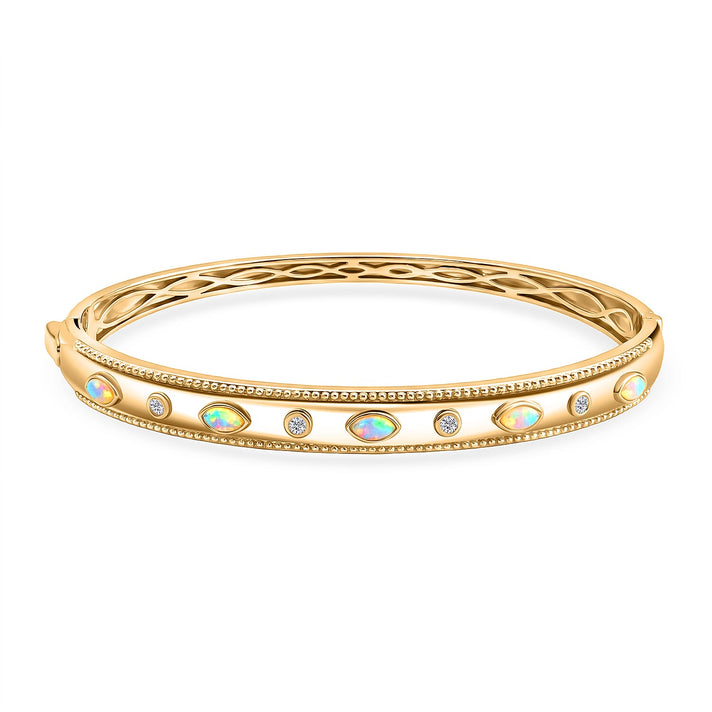ONE TIME DEAL - EverTrue Natural Ethiopian Opal &amp; Natural  White Zircon Bangle (Size - 7.5) in Yellow Gold Tone 8285509 1