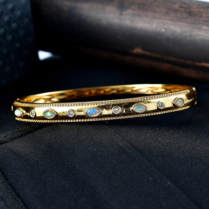 ONE TIME DEAL - EverTrue Natural Ethiopian Opal &amp; Natural  White Zircon Bangle (Size - 7.5) in Yellow Gold Tone 8285509 2