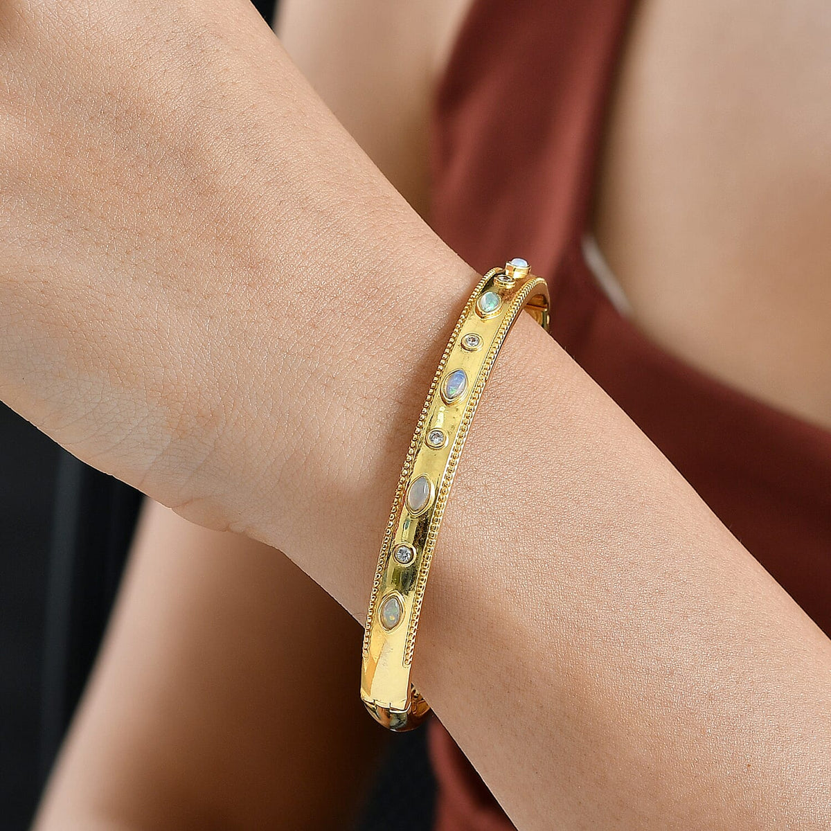ONE TIME DEAL - EverTrue Natural Ethiopian Opal &amp; Natural  White Zircon Bangle (Size - 7.5) in Yellow Gold Tone 8285509 3