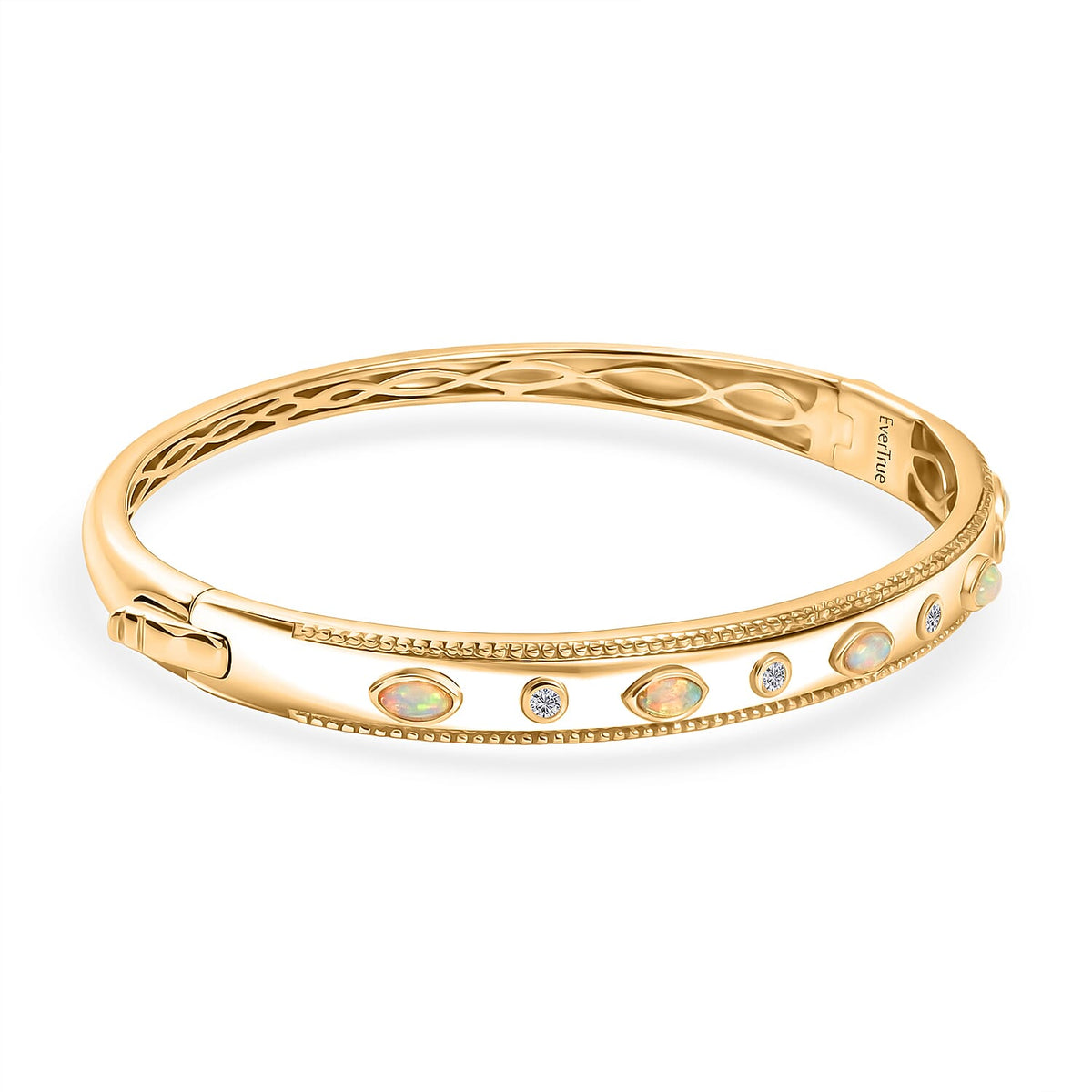 ONE TIME DEAL - EverTrue Natural Ethiopian Opal &amp; Natural  White Zircon Bangle (Size - 7.5) in Yellow Gold Tone 8285509 4