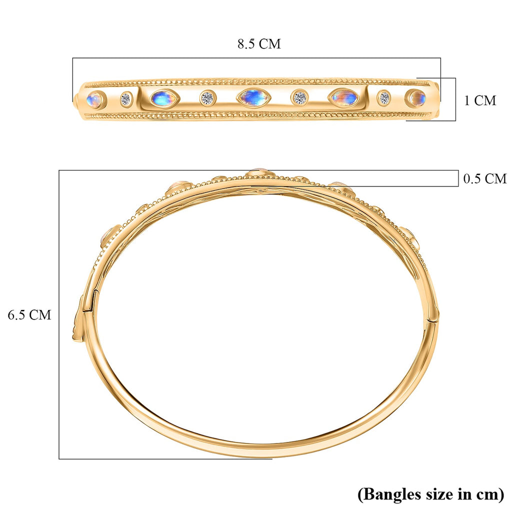 ONE TIME DEAL - EverTrue Natural Ethiopian Opal & Natural  White Zircon Bangle (Size - 7.5) in Yellow Gold Tone