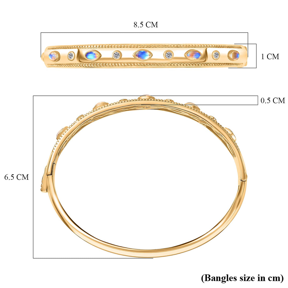 ONE TIME DEAL - EverTrue Natural Ethiopian Opal &amp; Natural  White Zircon Bangle (Size - 7.5) in Yellow Gold Tone 8285509 6