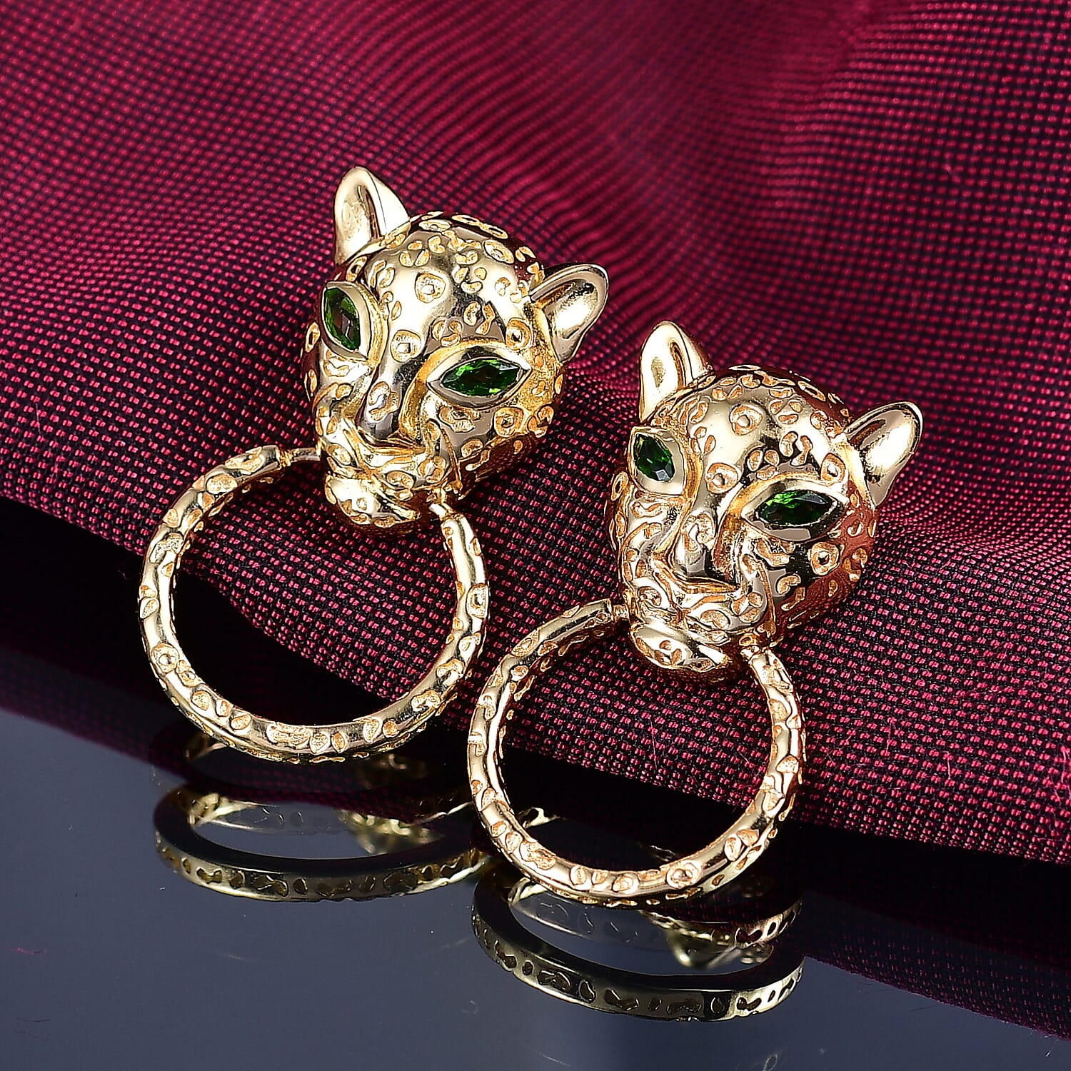 Designer Inspired - Natural Chrome Diopside Panther Earrings in Yellow Gold Plated 8236054 2
