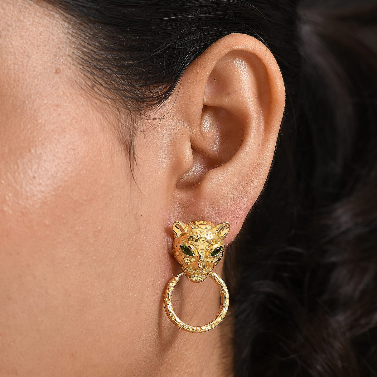 Designer Inspired - Natural Chrome Diopside Panther Earrings in Yellow Gold Plated 8236054 3