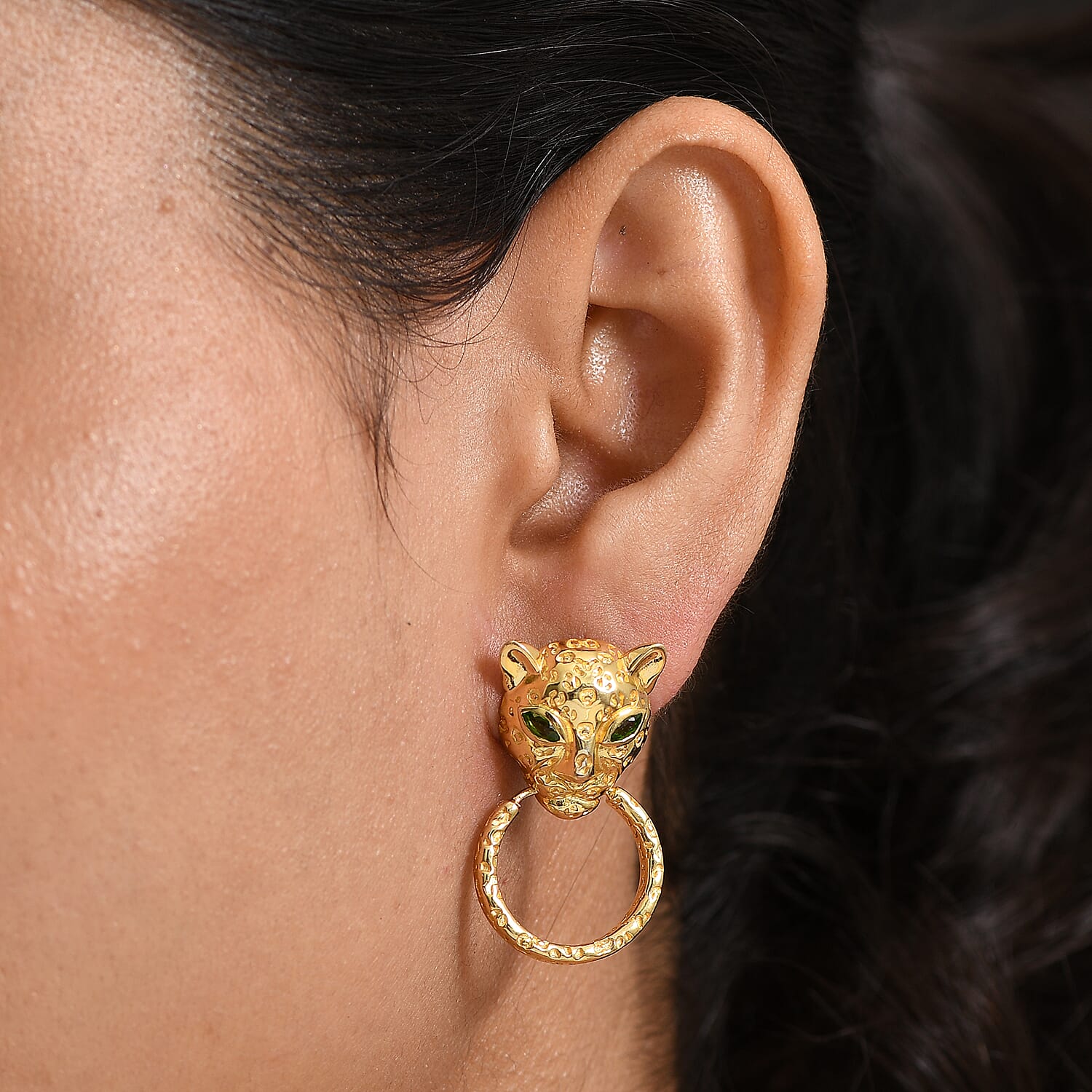 Designer Inspired - Natural Chrome Diopside Panther Earrings in Yellow Gold Plated 8236054 3