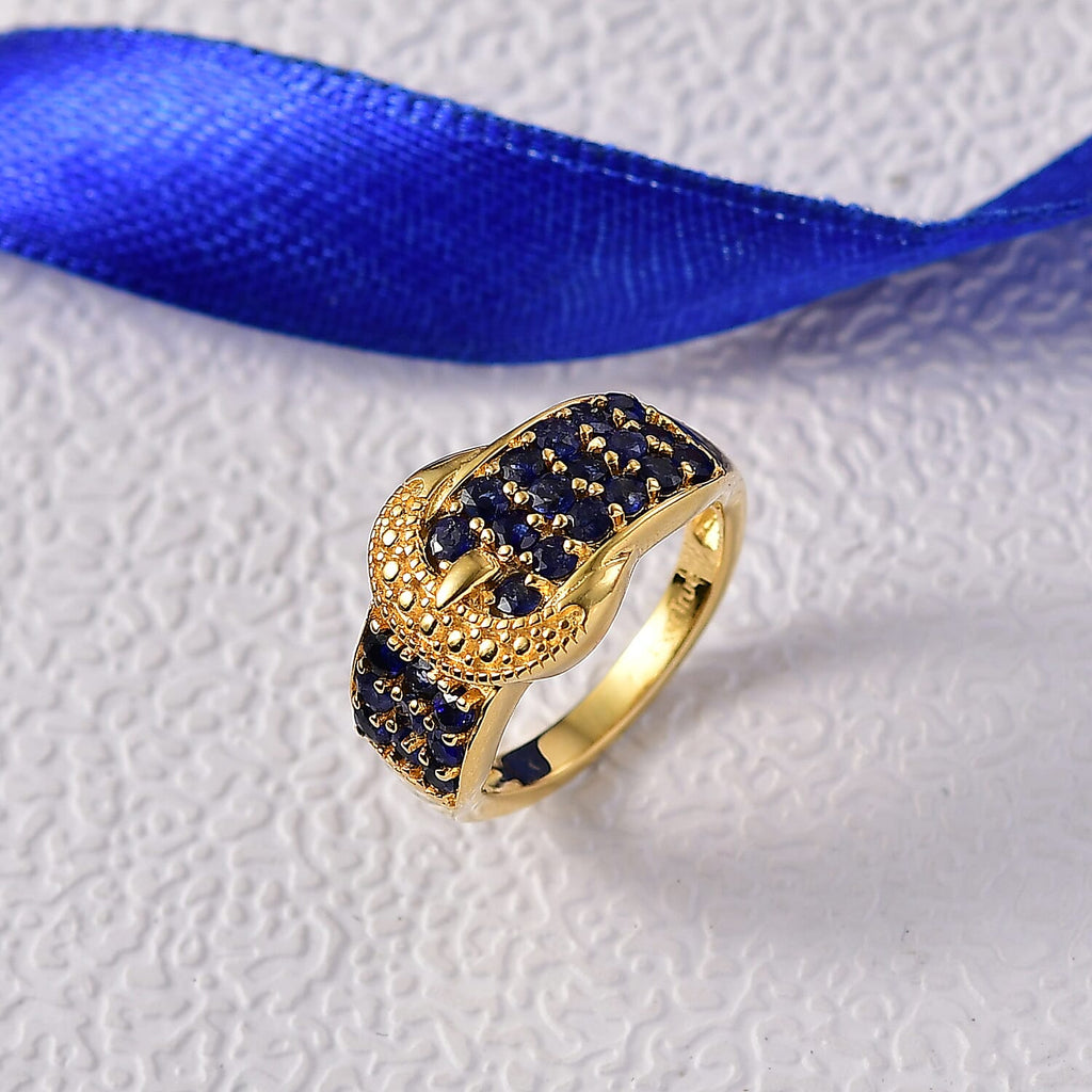 Blue Sapphire Buckle Ring in Yellow Gold Tone 1.53 Ct.