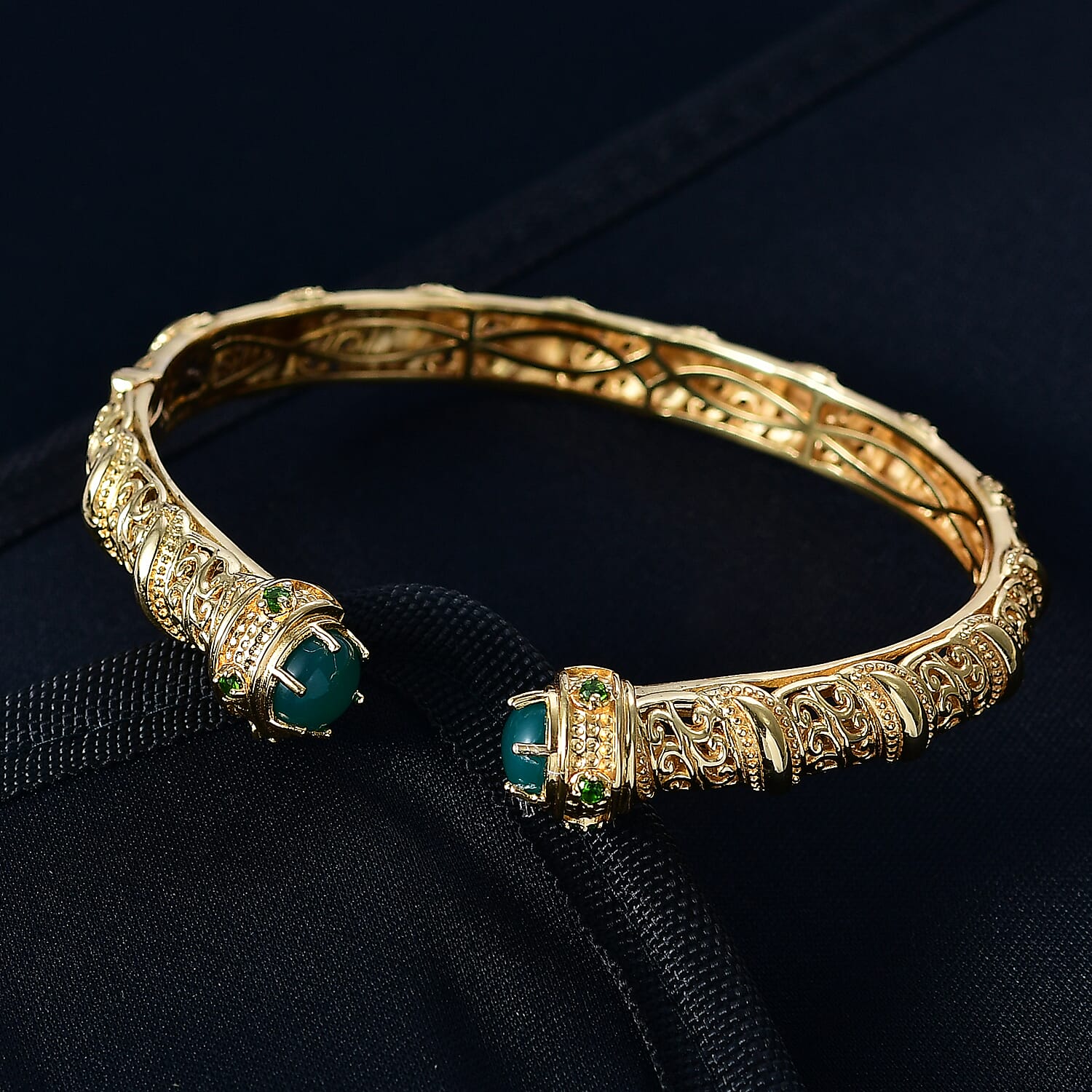 EverTrue Green Onyx, Natural Chrome Diopside Cuff Bangle (Size - 7.5) in Yellow Gold Plated 4.66 Ct. 8242592 2