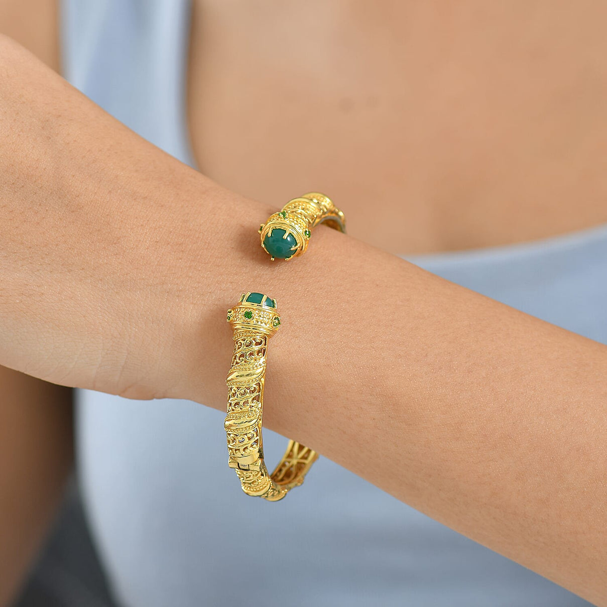 EverTrue Green Onyx, Natural Chrome Diopside Cuff Bangle (Size - 7.5) in Yellow Gold Plated 4.66 Ct. 8242592 3