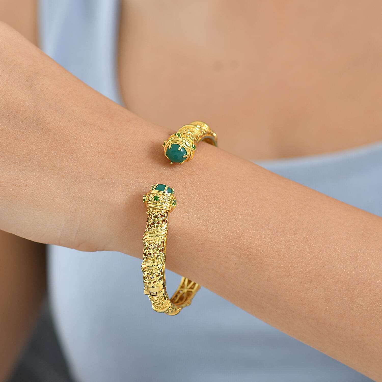 EverTrue Green Onyx, Natural Chrome Diopside Cuff Bangle (Size - 7.5) in Yellow Gold Plated 4.66 Ct. 8242592 3