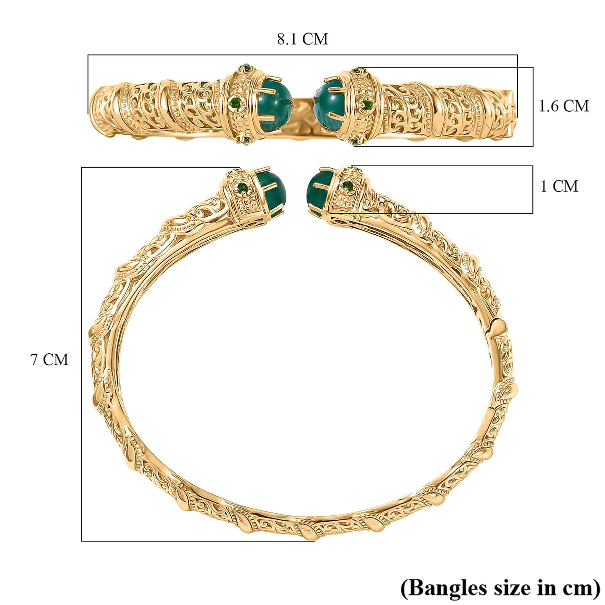 EverTrue Green Onyx, Natural Chrome Diopside Cuff Bangle (Size - 7.5) in Yellow Gold Plated 4.66 Ct. 8242592 6