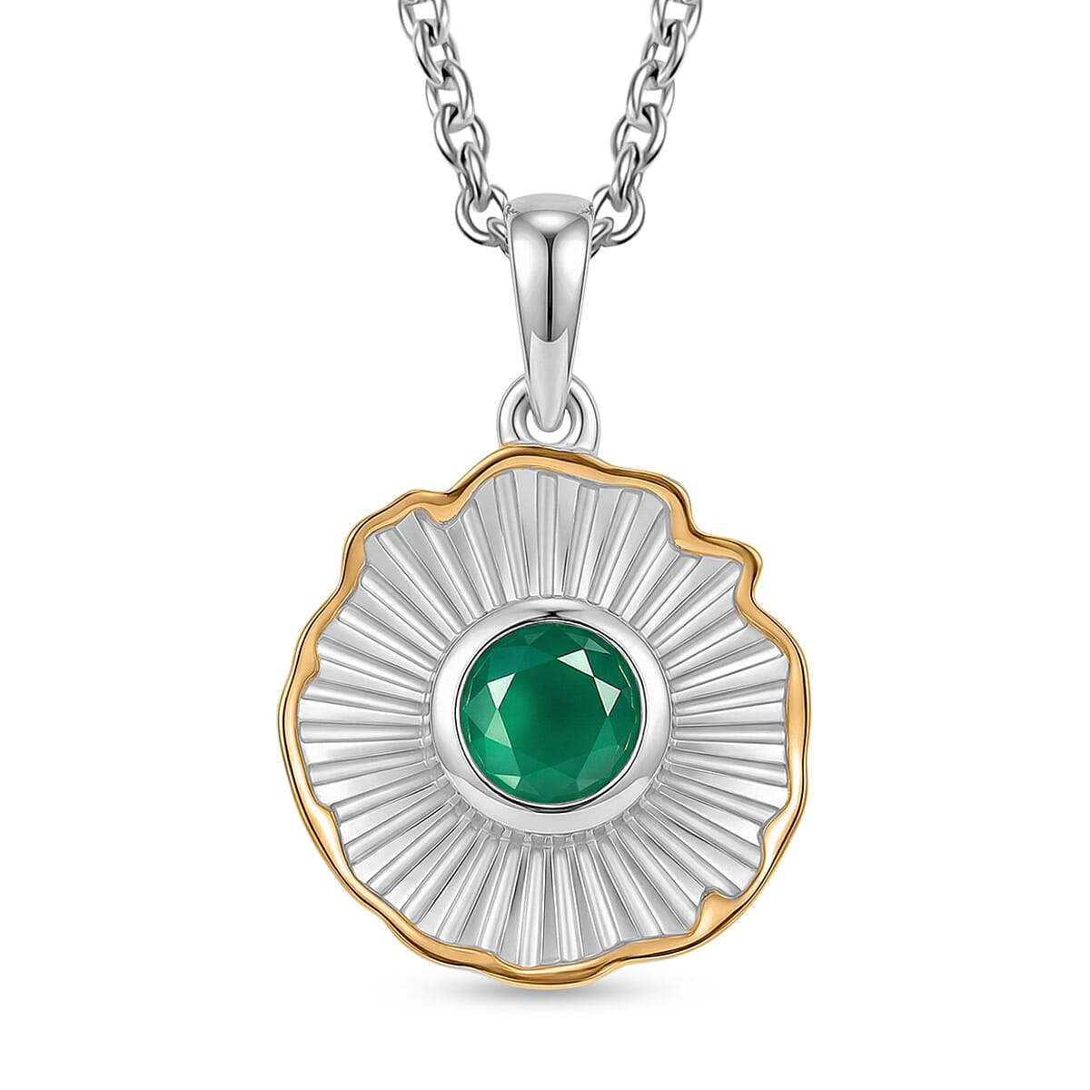 EverTrue - Green Onyx Solitaire Sunburst Pendant with Chain (Size 20) in Yellow Pen Plating V32512780 0