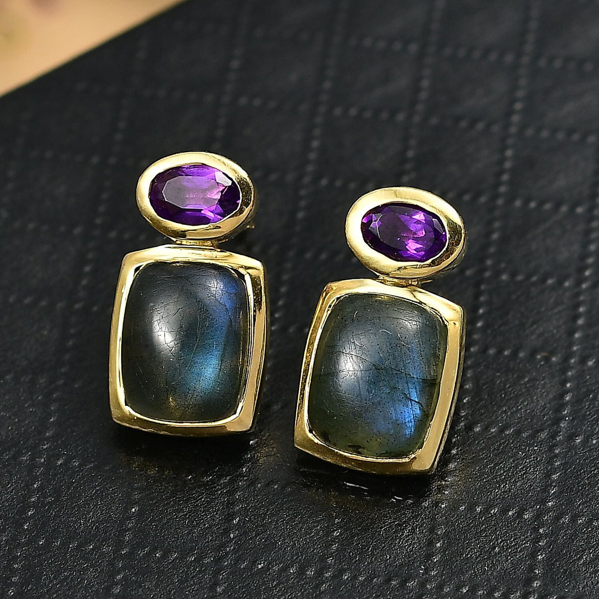 EverTrue Labradorite &amp; African Amethyst Stud Push Post Earring in Yellow Gold Plated 7.44 Ct. 8261409 1