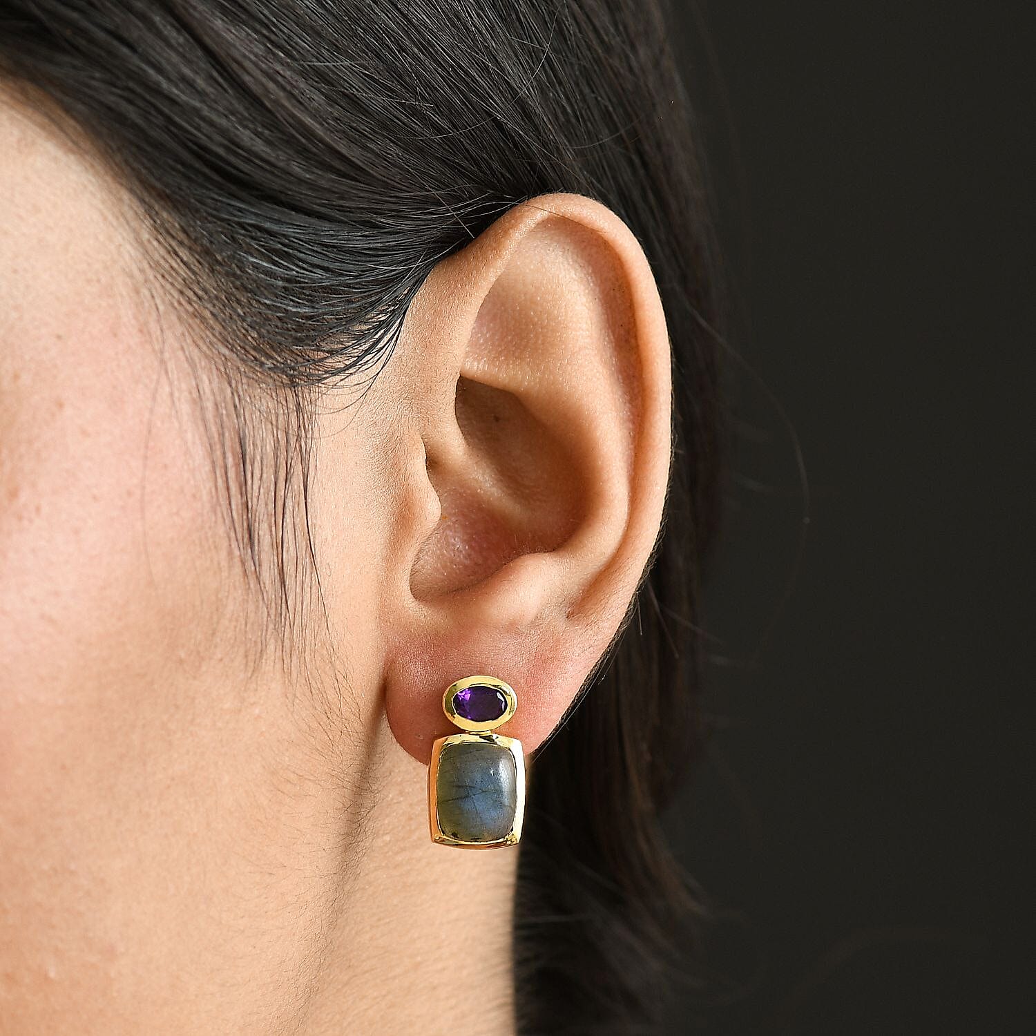 EverTrue Labradorite &amp; African Amethyst Stud Push Post Earring in Yellow Gold Plated 7.44 Ct. 8261409 2