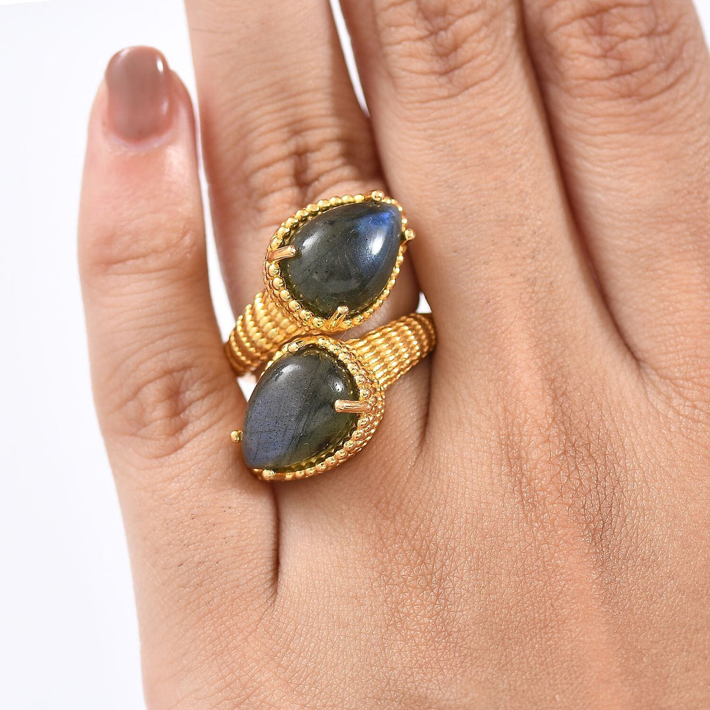 EverTrue Labradorite Bypass Ring in Yellow Gold Plated 10.52 Ct.
