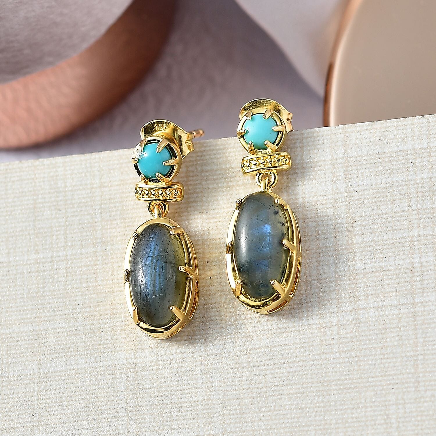 EverTrue Labradorite &amp; Lagoon Turquoise Stud Push Post Earring in Yellow Gold Plated 5.12 Ct. 8261333 1