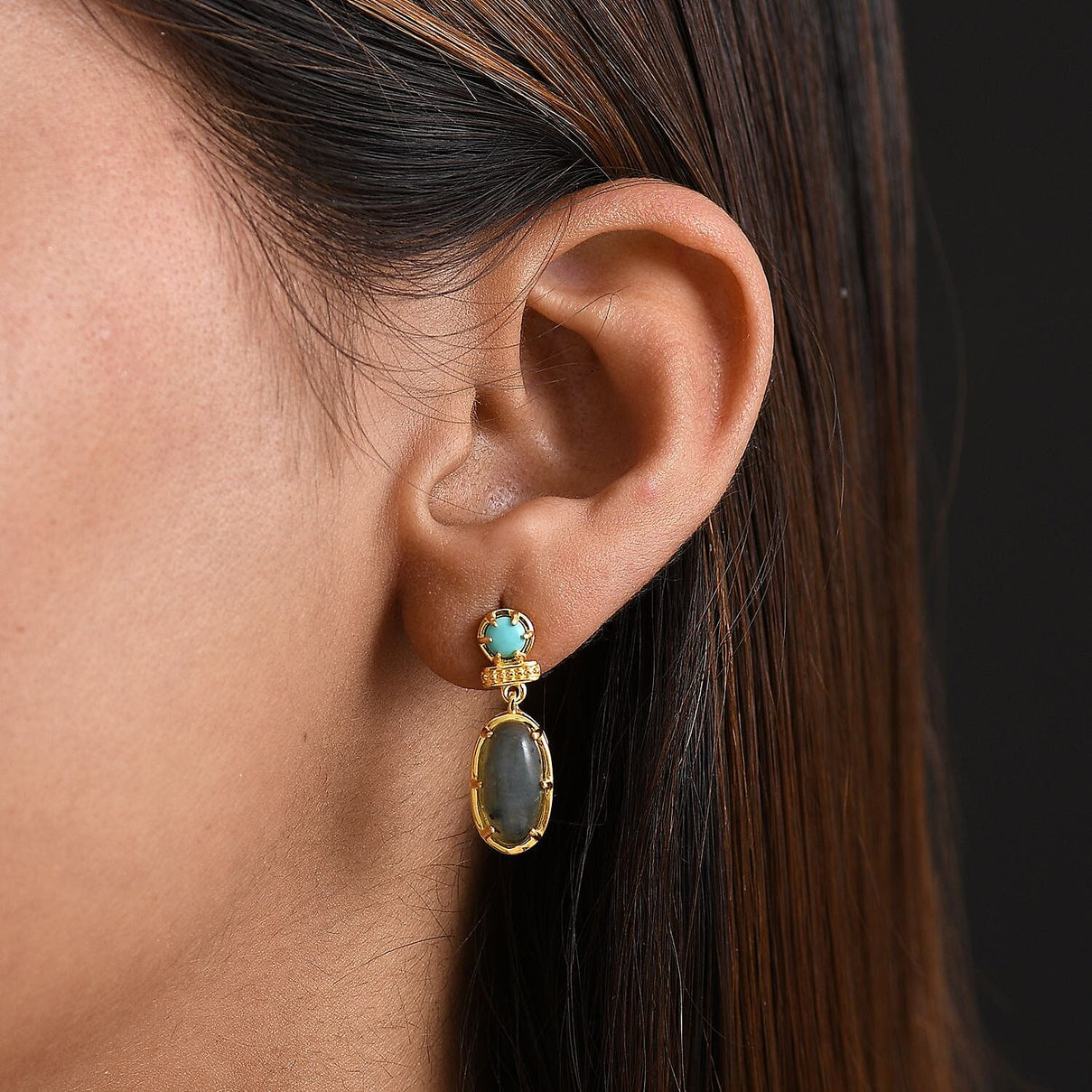 EverTrue Labradorite &amp; Lagoon Turquoise Stud Push Post Earring in Yellow Gold Plated 5.12 Ct. 8261333 2
