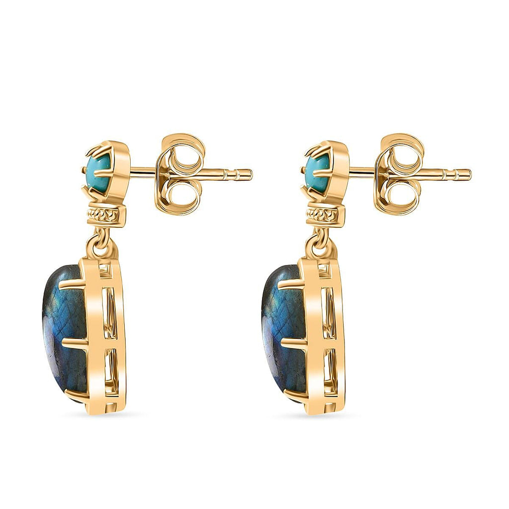 EverTrue Labradorite & Lagoon Turquoise Stud Push Post Earring in Yellow Gold Plated 5.12 Ct.