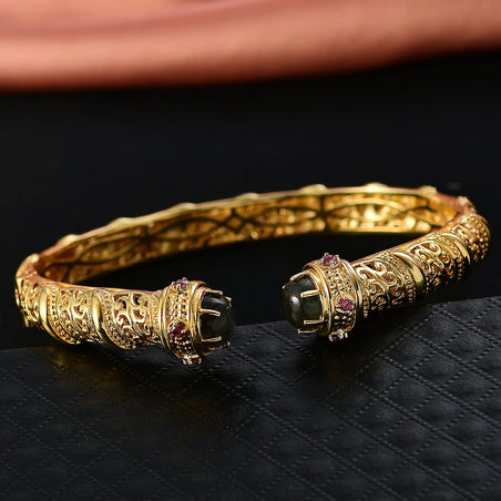 EverTrue Labradorite, Orissa Rose Garnet Cuff Bangle (Size - 7.5) in Yellow Gold Plated 5.25 Ct. 8242591 2