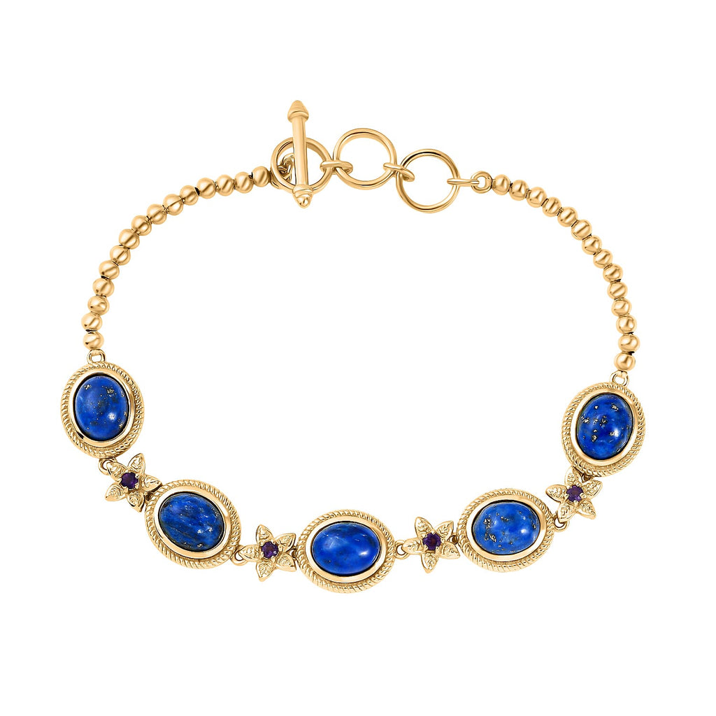 Lapis Lagoon & African Amethyst Cluster Bracelet (Size - 7.5) with Tongle Lock in Yellow Gold Tone 12.50 Ct.