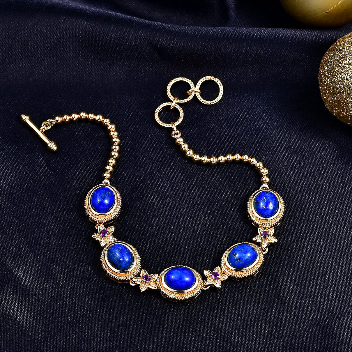 Lapis Lagoon &amp; African Amethyst Cluster Bracelet (Size - 7.5) with Tongle Lock in Yellow Gold Tone 12.50 Ct. 8300246 2