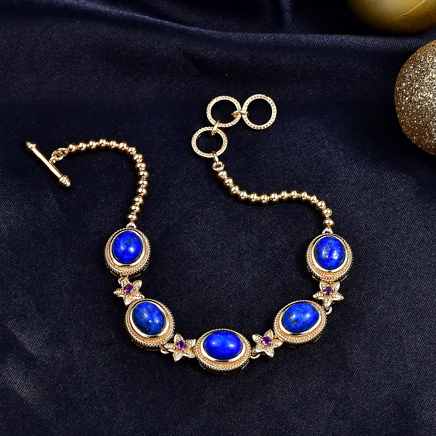 Lapis Lagoon &amp; African Amethyst Cluster Bracelet (Size - 7.5) with Tongle Lock in Yellow Gold Tone 12.50 Ct. 8300246 2