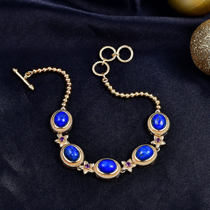 Lapis Lagoon &amp; African Amethyst Cluster Bracelet (Size - 7.5) with Tongle Lock in Yellow Gold Tone 12.50 Ct. 8300246 2