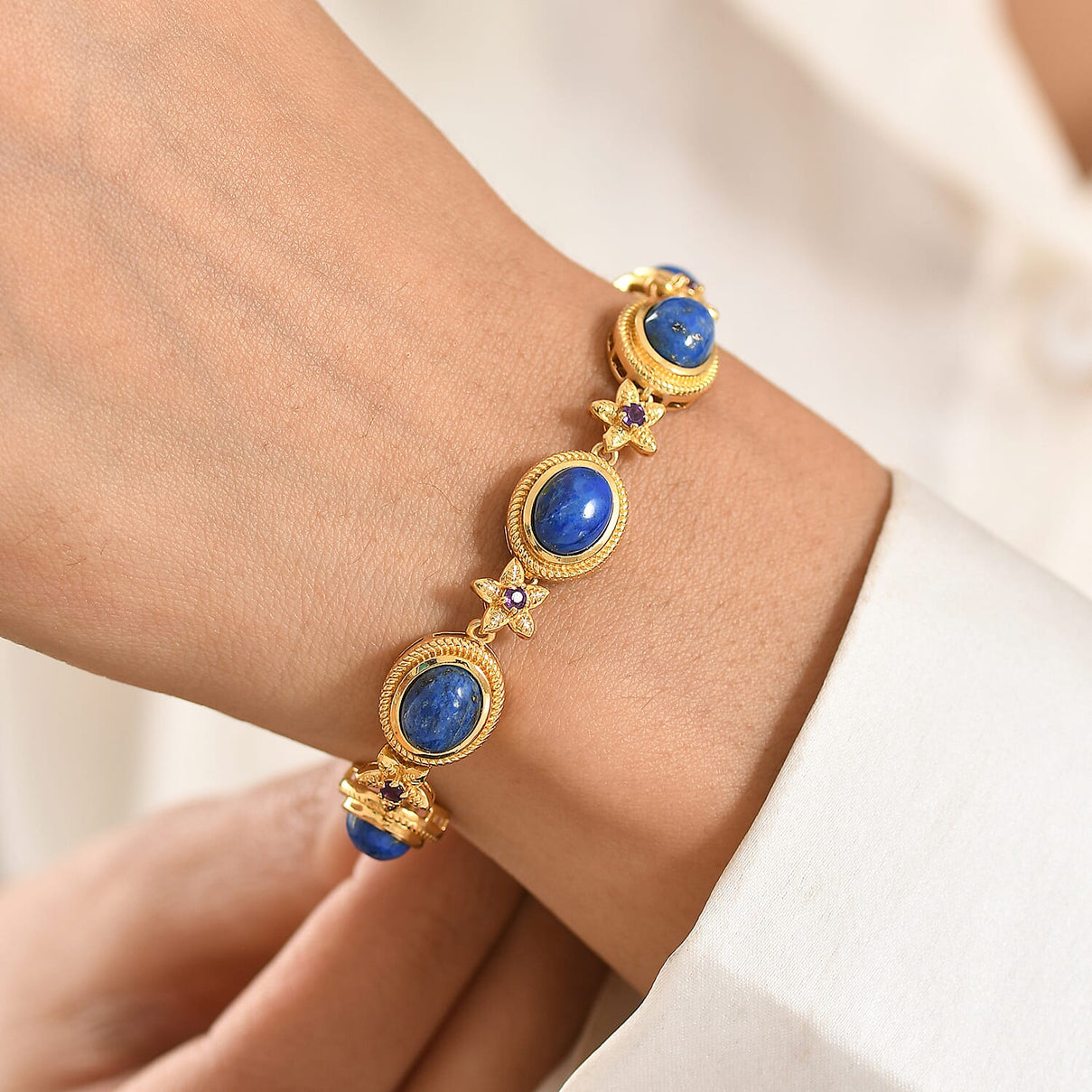 Lapis Lagoon &amp; African Amethyst Cluster Bracelet (Size - 7.5) with Tongle Lock in Yellow Gold Tone 12.50 Ct. 8300246 3