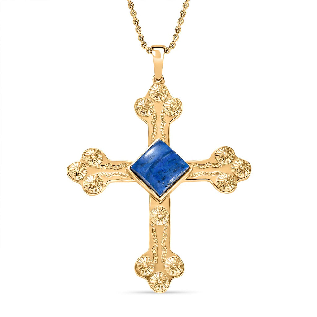 Lapis Lagoon Cross Pendant with Chain (Size - 20) in Yellow Gold Tone 7.17 Ct.