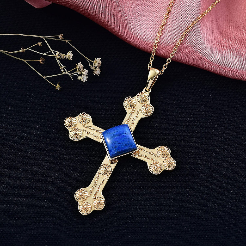 Lapis Lagoon Cross Pendant with Chain (Size - 20) in Yellow Gold Tone 7.17 Ct.