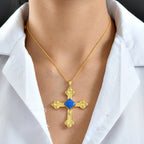 Lapis Lagoon Cross Pendant with Chain (Size - 20) in Yellow Gold Tone 7.17 Ct.