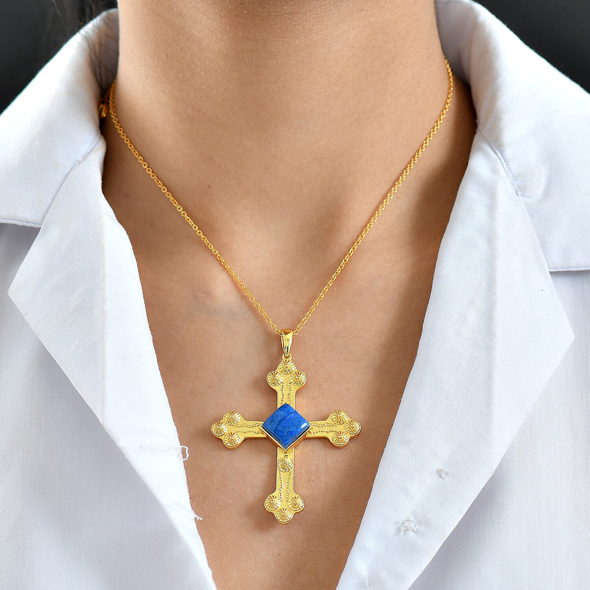 Lapis Lagoon Cross Pendant with Chain (Size - 20) in Yellow Gold Tone 7.17 Ct. V32699020 3