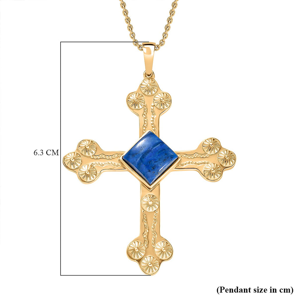 Lapis Lagoon Cross Pendant with Chain (Size - 20) in Yellow Gold Tone 7.17 Ct.
