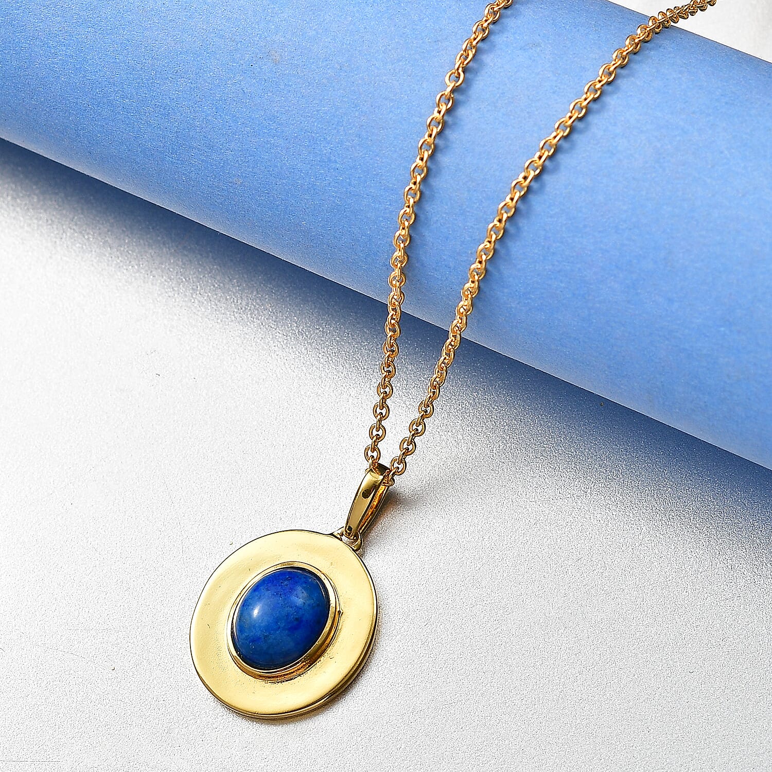 Lapis Lagoon Oval Disc Pendant with Chain (Size 20) in Yellow Gold Tone 3.43 Ct. 4431954 2