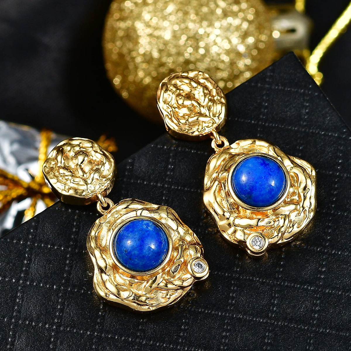 Lapis Lagoon &amp; White Zircon Earring with Push Back in Yellow Gold Tone 4.82 Ct. 8299838 2