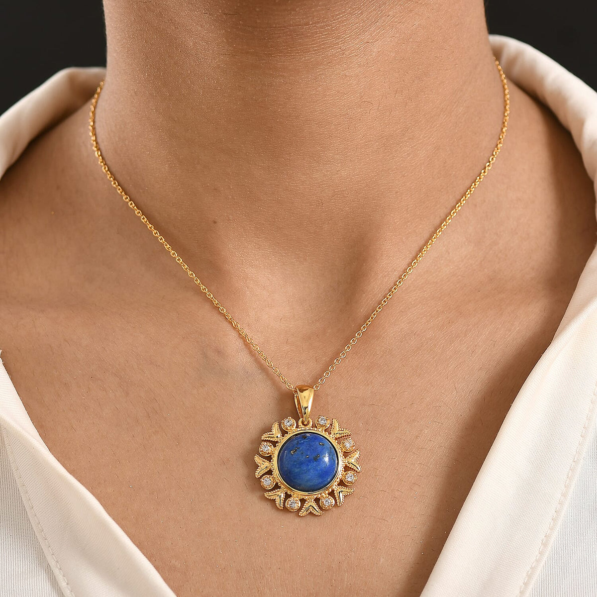 Lapis Lagoon &amp; White Zircon Pendant with Chain (Size - 20) in Yellow Gold Tone 15.24 Ct. 4429804 3