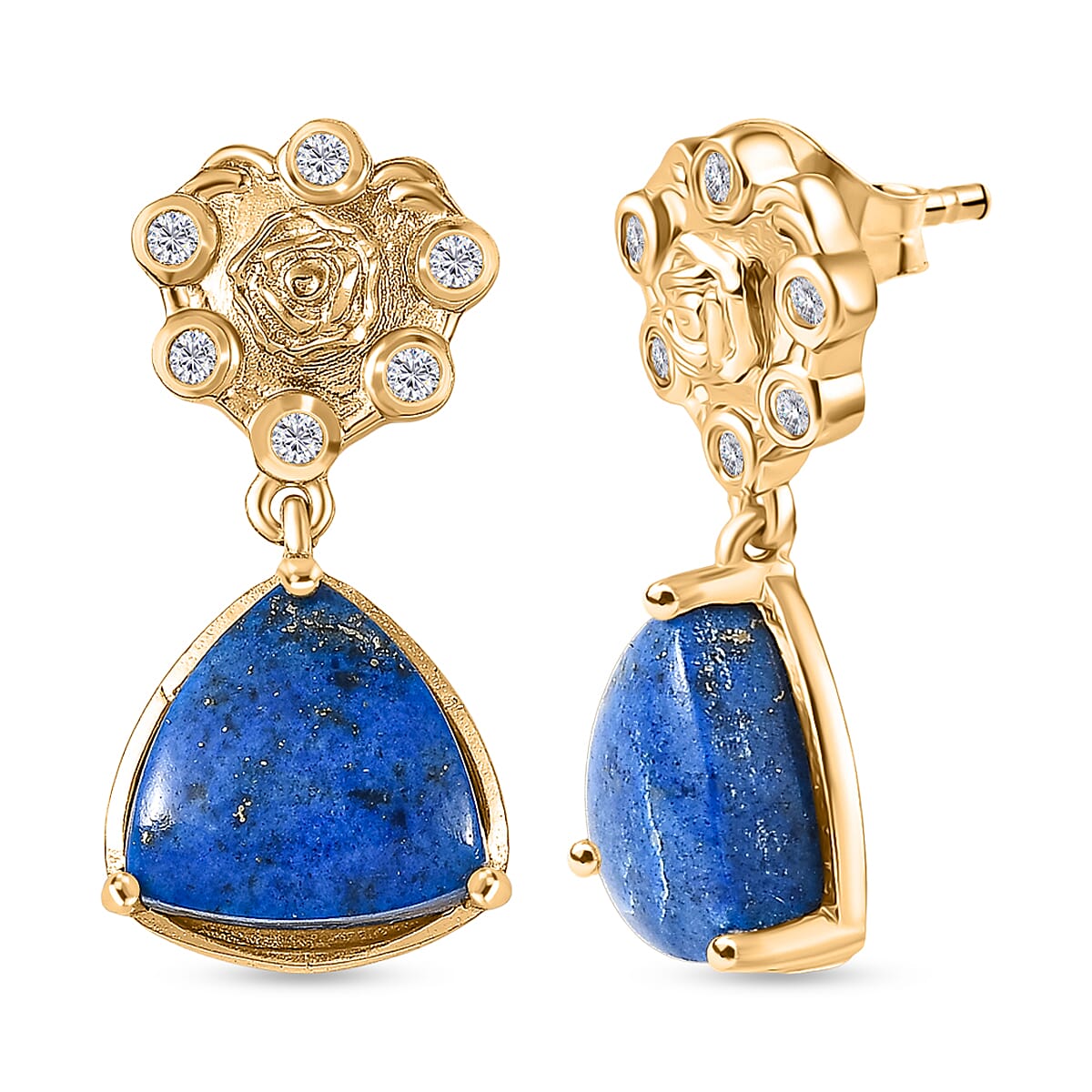 Lapis Lagoon &amp; White Zircon Solitaire Stud Push Post Earring in Yellow Gold Tone 9.38 Ct. 8299881 0