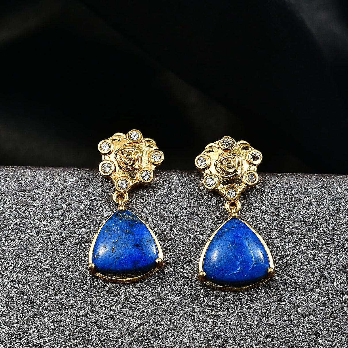 Lapis Lagoon &amp; White Zircon Solitaire Stud Push Post Earring in Yellow Gold Tone 9.38 Ct. 8299881 2
