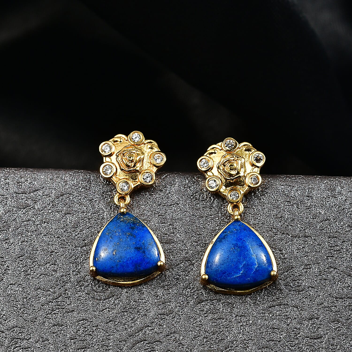 Lapis Lagoon &amp; White Zircon Solitaire Stud Push Post Earring in Yellow Gold Tone 9.38 Ct. 8299881 2