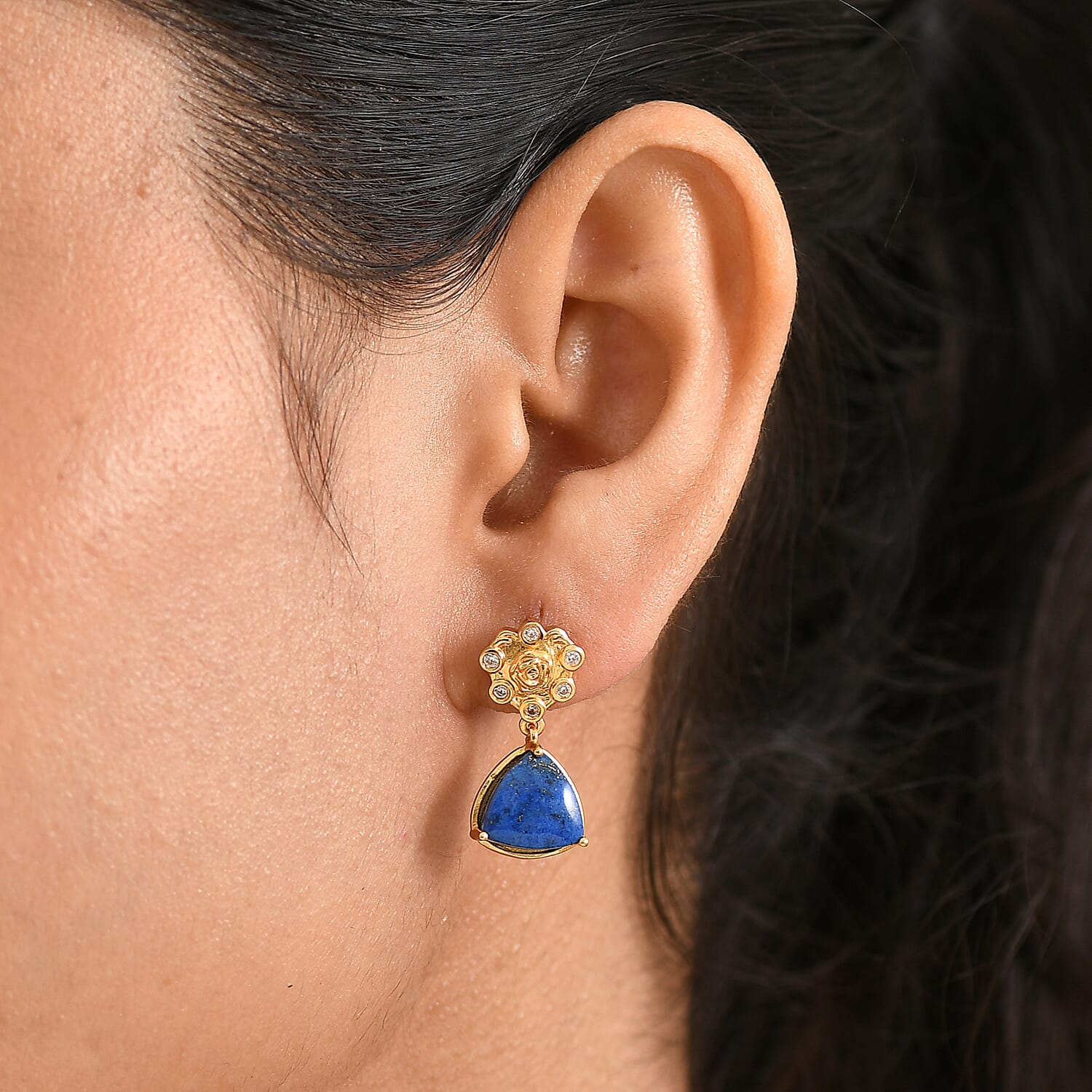 Lapis Lagoon &amp; White Zircon Solitaire Stud Push Post Earring in Yellow Gold Tone 9.38 Ct. 8299881 3