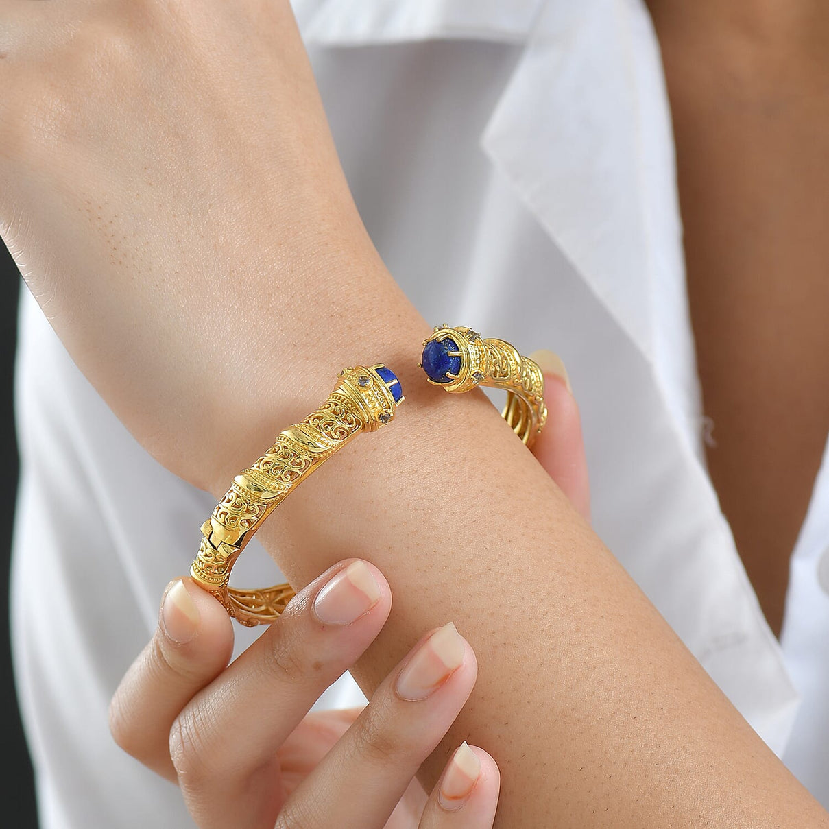 EverTrue Lapis Lazuli, Iolite Cuff Bangle (Size - 7.5) in Yellow Gold Plated 5.22 Ct. V32515057 3