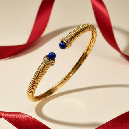 EverTrue Lapis Lazuli &amp; White Cubic Zirconia Cuff Bangle (Size -7.5) in Yellow Gold Tone 3.92 Ct. 8296283 2